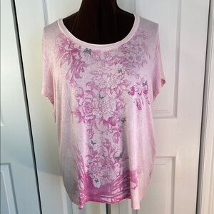 Denver Hayes Graphic Pink Blouse, Floral w Embellishments & butterflies, 2X Plus